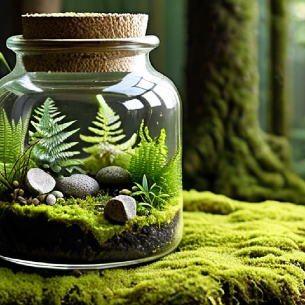 **A glass jar terrarium with various mosses, a miniature fern, and small decorative woodland elements. The scene should evoke an enchanted forest, with soft, diffused lighting highlighting the details.**