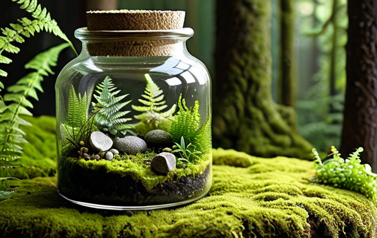 **A glass jar terrarium with various mosses, a miniature fern, and small decorative woodland elements. The scene should evoke an enchanted forest, with soft, diffused lighting highlighting the details.**