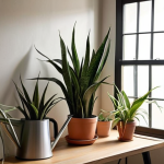 **

A cozy, dimly lit apartment corner filled with thriving shade-loving plants. Focus on a healthy Sansevieria (snake plant) in a stylish, minimalist pot. Soft, diffused light from a nearby window or subtle LED grow light. Add a watering can and gardening tools to imply care and maintenance. The overall mood should be peaceful and inviting.

**
