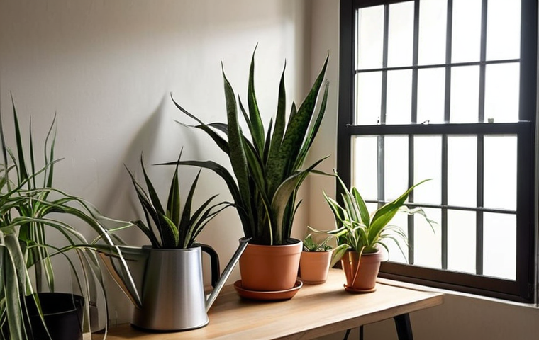 **
A cozy, dimly lit apartment corner filled with thriving shade-loving plants. Focus on a healthy Sansevieria (snake plant) in a stylish, minimalist pot. Soft, diffused light from a nearby window or subtle LED grow light. Add a watering can and gardening tools to imply care and maintenance. The overall mood should be peaceful and inviting.
**